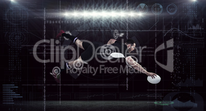 Composite image of rugby player scoring a try