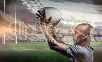 Composite image of athlete in position of throwing rugby ball