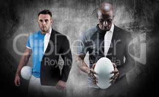 Composite image of thoughtful athlete looking at rugby ball