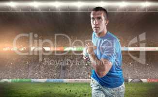 Composite image of rugby player running with ball