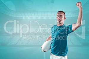 Composite image of confident rugby player flexing muscles