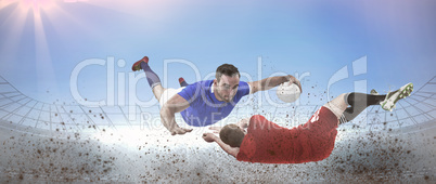 Composite image of a rugby player scoring a try