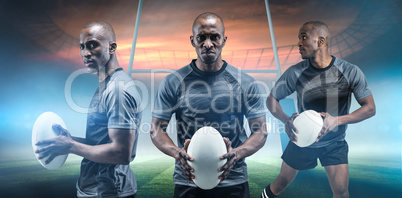 Composite image of rugby player with ball running