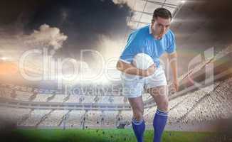Composite image of rugby player doing a side pass