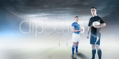 Composite image of rugby player holding rugby ball