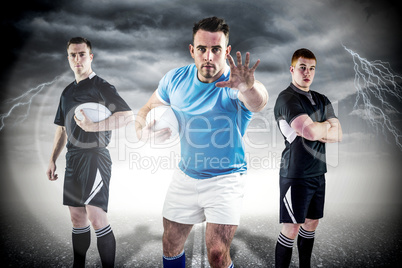 Composite image of tough rugby players