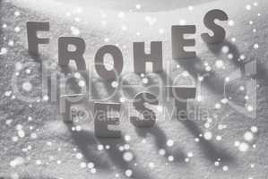 White Word Frohes Fest Means Merry Christmas On Snow, Snowflakes