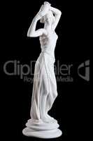 Classical white marble statue of awoman with vase isolated on black background