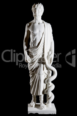 White marble classic statue of Asclepius isolated on black background