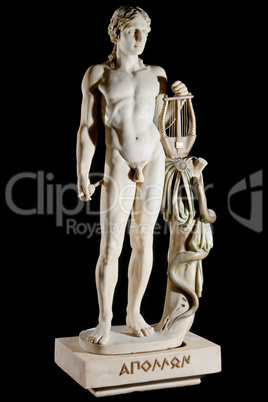 Classic painted marble statue of Apollo isolated on black background