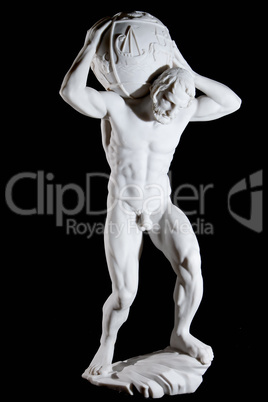 White classic statue of titan Atlas isolated on black background