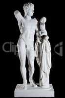 Classic white marble statue Hermes and the Infant Dionysus isolated on black background