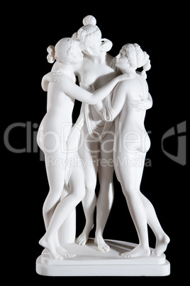 Classic white marble statue "The Three Graces" by Antonio Canova isolated on black background