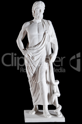 White marble classic statue of Asclepius isolated on black background