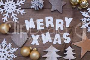 Wooden Background, Merry Xmas, Golden Christmas Decoration