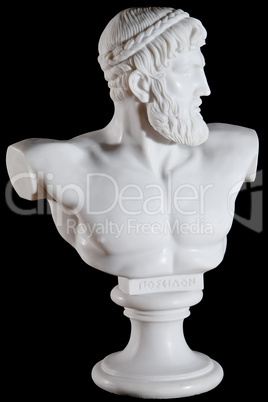 Classical white bust of Poseidon isolated on black background