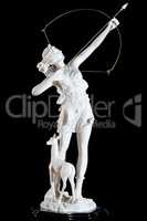 Classic white marble statuette of Artemis isolated on black background