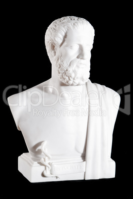 Classical white marble bust of Hippocrates isolated on black background