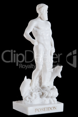 Classical white statuette of Poseidon isolated on black background