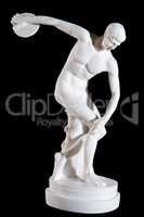 Classical white marble statue of naked discus thrower isolated on black background