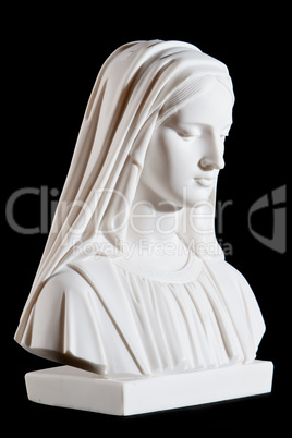 Classic white marble bust of Mary (mother of Jesus) isolated on black background