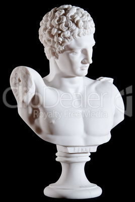 Classic white marble bust, element of statue Hermes and the Infant Dionysus isolated on black background