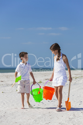 Children, Boy, Girl, Brother & Sister Playing on Beach