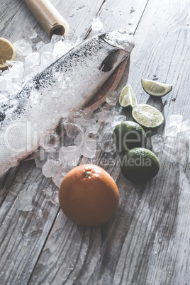 Raw salmon fish in ice and vegetables