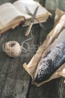 Raw salmon fish on vintage wooden table