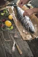 Tying a rope on samon fish