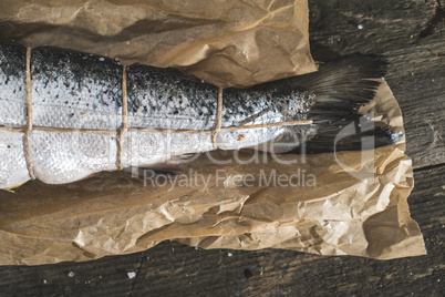 Tying a rope on samon fish