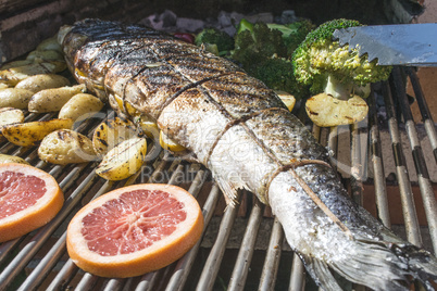 Roasting salmon fish on grill