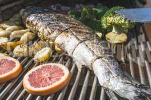 Roasting salmon fish on grill