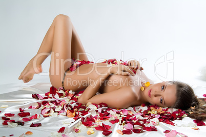 Young Woman And Rose Petals