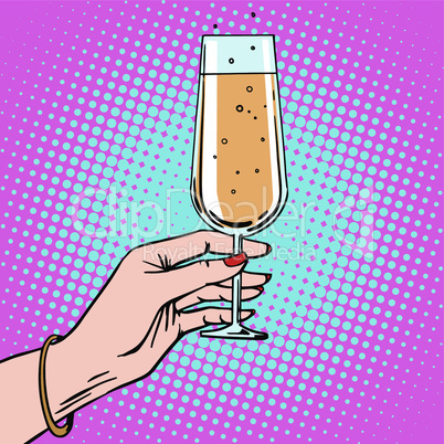 Toast a female hand with glass of champagne celebration party