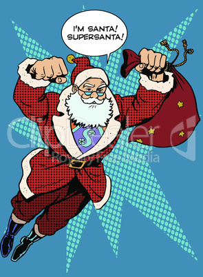 Santa Claus is flying with gifts like a superhero