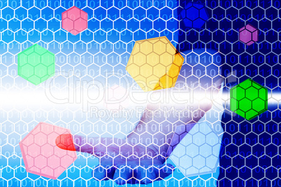 Hand behind virtual wall with colored hexagons