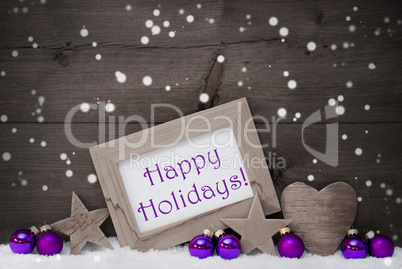 Gray Purple Christmas Decoration Text Happy Holidays, Snowflakes