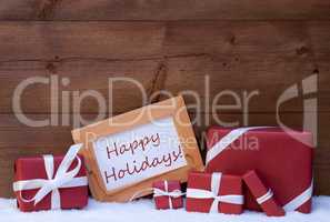 Red Christmas Decoration, Gifts, Snow, Happy Holidays