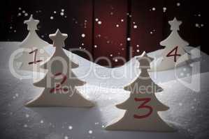 Four Christmas Trees, Snow, Snowflakes, Numbers 1, 2, 3, 4