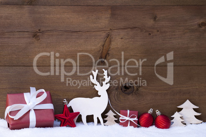Golden Christmas Decoration, Snow, Tree, Reindeer And Gift