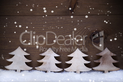 Four Wooden Christmas Trees, Snow, Copy Space, Advent, Snowflake