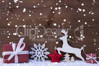 Red Christmas Decoration, Snow, Snowflakes, Reindeer And Gift
