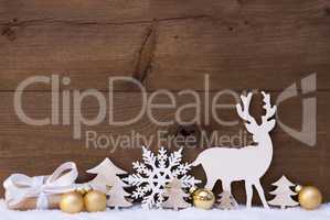 Golden Christmas Decoration, Snow, Tree, Reindeer And Gift