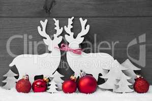 Gray Christmas Decoration, Reindeer Couple, Love, Snow, Red Ball