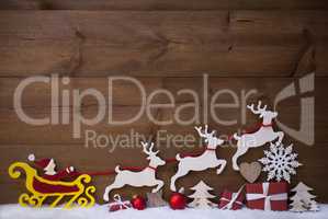 Red Santa Claus Sled With Reindeer, Snow, Christmas Decoration