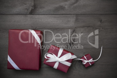Three Red Christmas Gifts, Presents, Ribbon, Gray Background