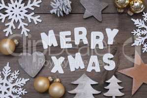 Wooden Background, Merry Xmas, Golden, Gray Christmas Decoration