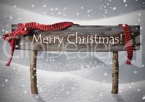 Brown Sign Merry Christmas,Snow, Snowfalkes, Red Ribbon