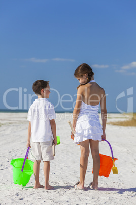 Children, Boy Girl, Brother and Sister Playing on Beach